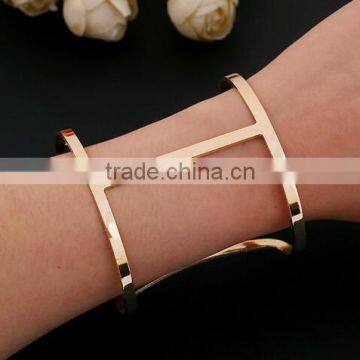 Vintage Gold Stainless Steel Texture Lines Open Cuff Bracelet Bangle for Women