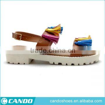 Latest Ladies Fancy Design Black pu Leathaer Flat Sandals With Ankle Tassel Strap Women Summer Shoes Pictures photo-3