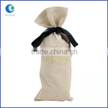 Golden printing linen wine bags wholesale with lace drawstring