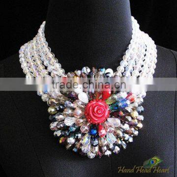 Varicolored Crystal Flower Blossoms Necklace Gemstone Handcrafted