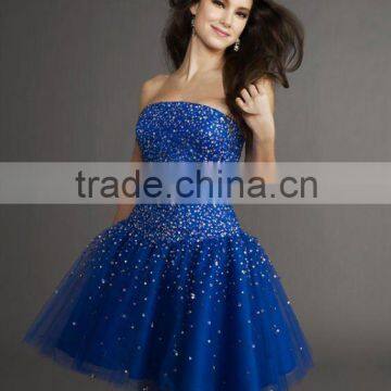 RZ-ed030 2012 Latest strapless beaded satin and tulle royal blue plus size cocktail dress