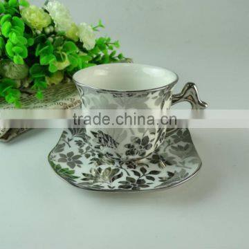 Stock cheap Chaozhou Factory Stock Teaware Royal Style Porcelain Coffee cups set Silver and Color Cup and Sauce