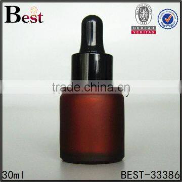  china cosmetic essential oil fragrance perfume dark red frosted 30ml glass bottle with black plastic dropper