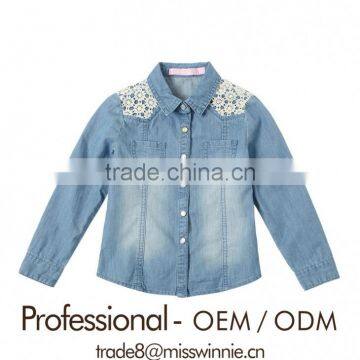 children girls tops, girls long sleeve denim blouse with lace,