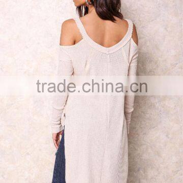 Popular High Quality Cold Beige Shoulder Knit Tops Sexy Off Asymmetric Sexy Party Sweaters photo-5