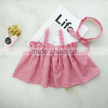 Red Gingham 3 Pieces Cute Girl Clothing Set Summer Kids Outfit Hot Selling photo-4