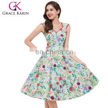 Grace Karin Hot Sale Flower Pattern Sleeveless V-Neck Cotton 50s Vintage Dress Patterns CL007600-3