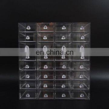 Top grade transparent acrylic cosmetic display showcase with 32pcs drawer