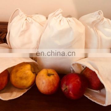 Undyed natural cotton muslin produce drawstring bag