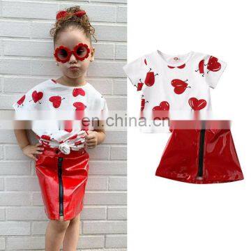 Europe and the United States New Girl Suit Valentine's Day Love Print Cotton Short Sleeve + Small Leather Skirt Two-piece S