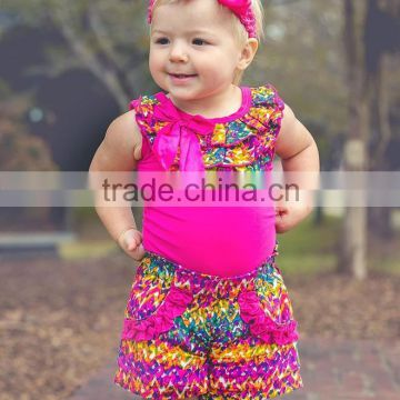 Whosale clothing designing 2016 latest kids colorful prints ruffle shorts