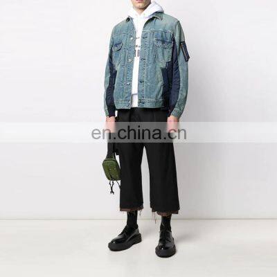 YIHAO Wholesale OEM Custom Button up Denim Blue Men Color Block Jacket photo-4