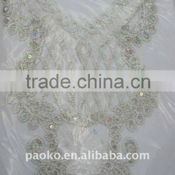 White Color Rhinestone & Sequine Embroidery Applique, Fabric VNeck, Neckline Motif