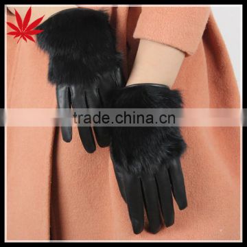 Lady warm leather gloves with rabbit fur lined