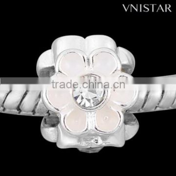 Vnistar hot silver plated light pink enamel beads, flower shaped european bead with clear crystal PBD1857