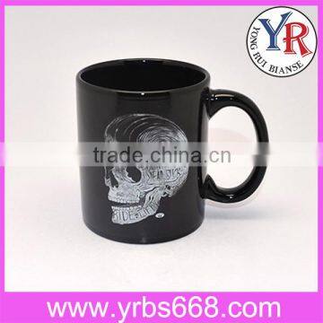 Promotional Ceramic Mug Stoneware Skull Design Black Cup Bottom Print