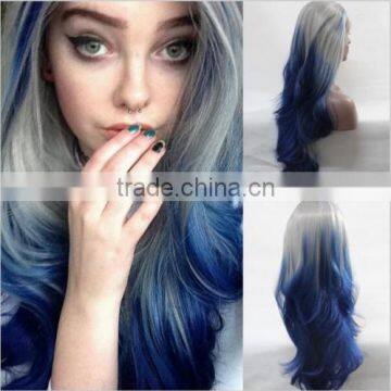 Heat resistant Lace front wig Synthetic Hair Body wavy Ombre color Gray Blue