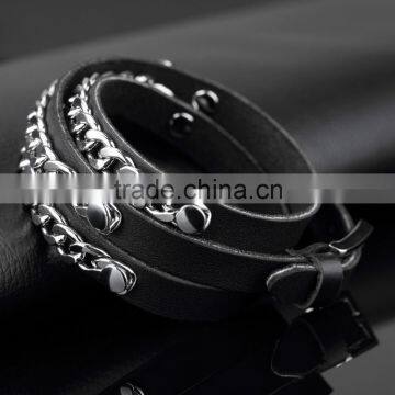 2016 New Cool Jewelry Three Wraps Black Genuine Chain Link Leather Bracelet for Men