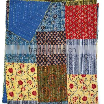 Ajrakh Block Print Kantha Patchwork Kantha Quilt Hand Block Print Fabric Indigo Print Multi Colour Bedcover