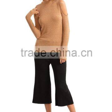  china supplier autumn fashion latest crew neck cold-shoulder knitted sweater women 2016