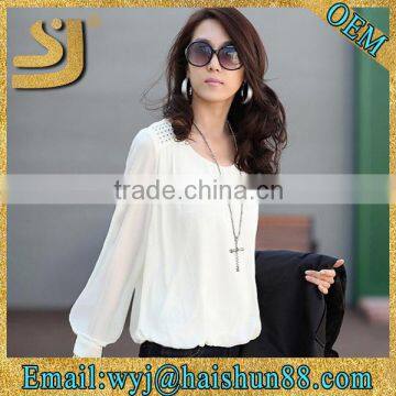 Sexy women Chiffon Blouses Puff Long Sleeve Lace Shirts Loose O-neck Plus SizeTops