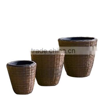 European Style Set 3 Garden Plastic Rattan Planter Brown Round