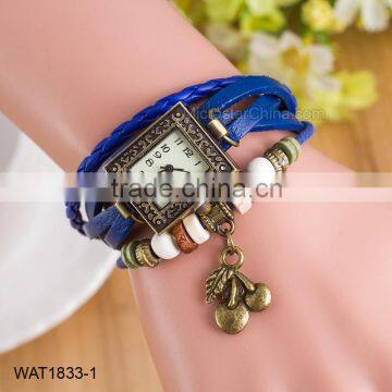 Wholesale Faux Leather Cherry Charm Ladies Bracelet Wrist Watch