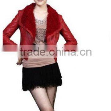 new product fashion womens red PU leather jacket with faux fur collar