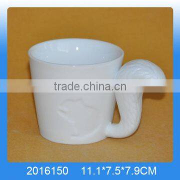 Decorative ceramic white mug with the squirrel's tail shaped handle