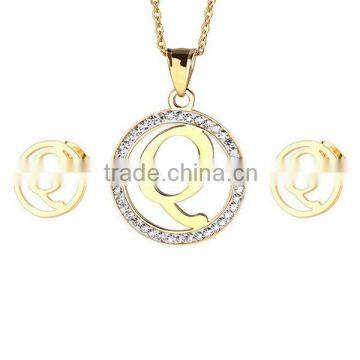 Round shaped stud earrings and pendants necklace gold plated stainless steel jewelry set price for alphabet letters LS6250