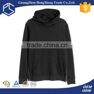 cheap oversized oem high quality 100% cotton zipper on the hem plain without drawstring pullover men black blank hoodie