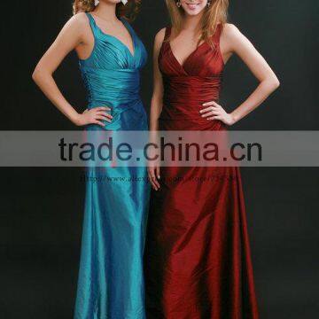 Sleeveless double V neck sexy backless ruffle taffeta simple maroon prom dresses for women J6107