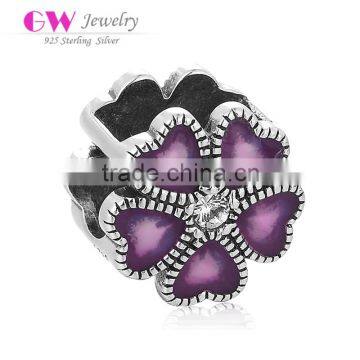 D179 women silver flower charm,european enamel purple heart beads for DIY bracelet