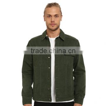 high quality green plain denim varsity jacket custom arc-shaped back hem