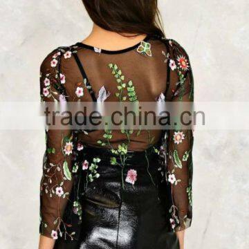 Fashion Transparent Mesh Floral Embroidery Top Tees Summer Short Sleeve T-Shirt Apparel photo-2