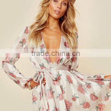 Plunging v Neck Cinched Waist Rose Floral Printed Long Sleeve Short Dress photo-5