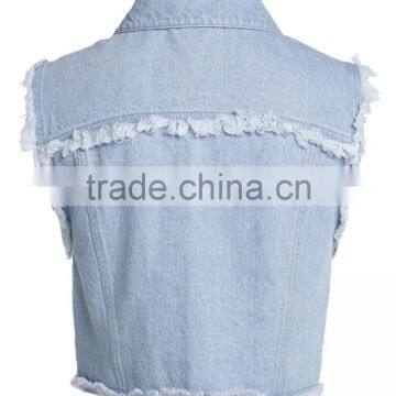 Ladies Button-up 100% Cotton Washed Distressed Jeans Vest photo-3