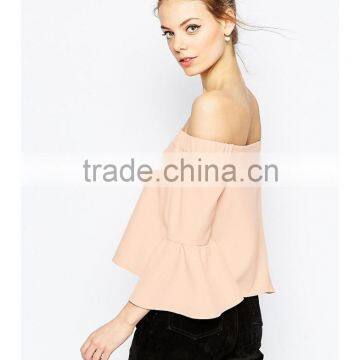 2016 Guangzhou Shandao Summer New Elegant Design Casual 3/4 Flare Sleeve Off Shoulder Pink Chiffon Girls Party Wear Tops photo-3