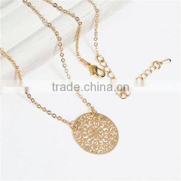 New Fashion Copper Filigree Stamping Necklace Link Cable Chain Gold Plated Round Pendant Flower Carved Hollow photo-2