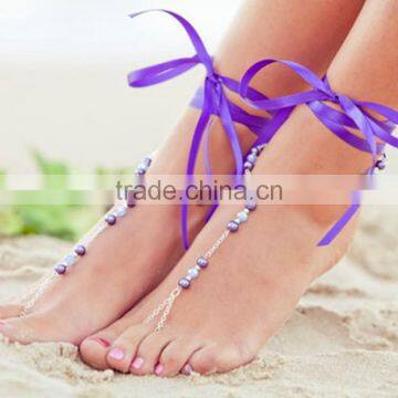 Multicolor Sexy Barefoot Sandal Ribbon Pearl Anklet Foot Ankle Chain Toe Ring Jewelry