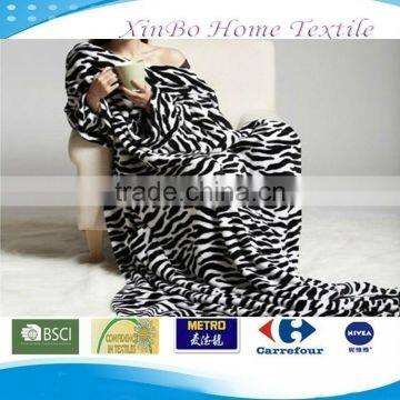 Elegant 137*180cm Hot Sale Zebra-stripe Printed Coral Fleece TV Blanket with Sleeves/Coral Fleece Snuggie for Adults