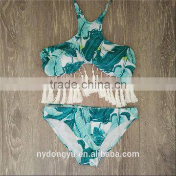 Gray Tassel Leaves Swimwear Bikini/ Latest Fashion Green Vintage Tassel Bikini Swimwear photo-3