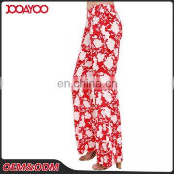 Spring Summer Design Coral Red Floral Print Lady Pants Relax Wide Leg Casual Pants For Women