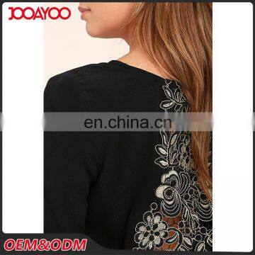 Black Round Neck Long Sleeve Open Back Lace Embroidered Crop Top photo-4