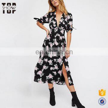 OEM product defined waist v-neckline new ladies floral bodycon dress