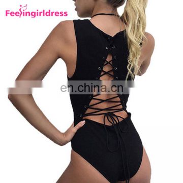 New Design Sleeveless Back Lace Up Transparent Bodysuit Women Sexy