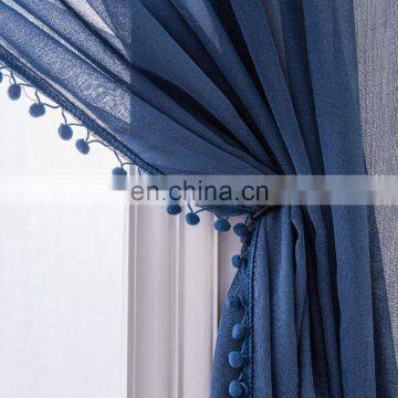 Italian Navy Blue Pom Pom Tasseled Sheer Curtains for dor window