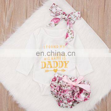 2019 Autumn Newborn Baby Clothes Suit Long Sleeve Letter Print Romper + Floral Shorts + Bow Headband 3pcs Set photo-4