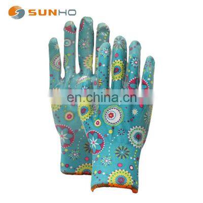 sunnyhope Colorful Printed transparent nitrile coated Women garden gloves