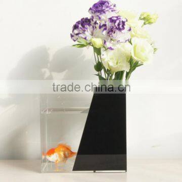 customized double colors trapezoidal design mini acrylic fish aquarium tank with flowerpot desktop fishbowl/flower vase